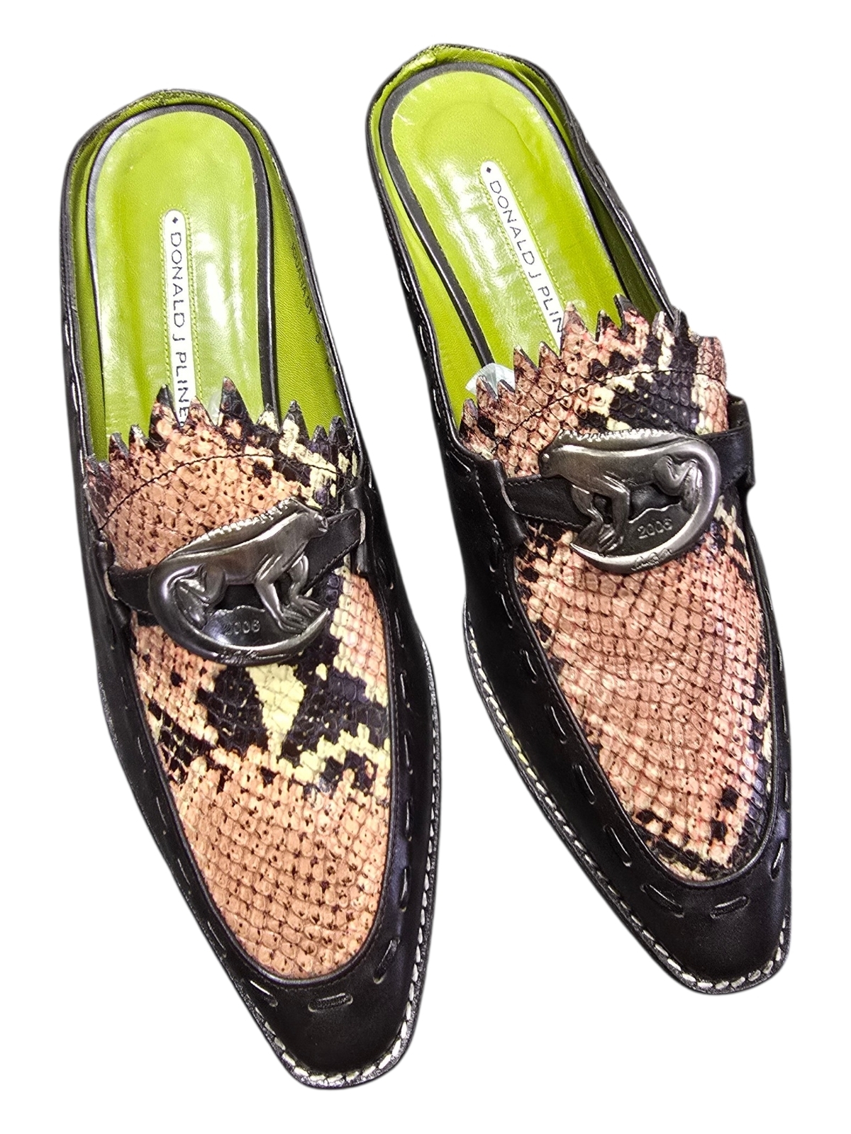 Donald J. Pliner Vintage Y2k 2006 Iguana Black & Tan Snake-Print Slip-On Mules